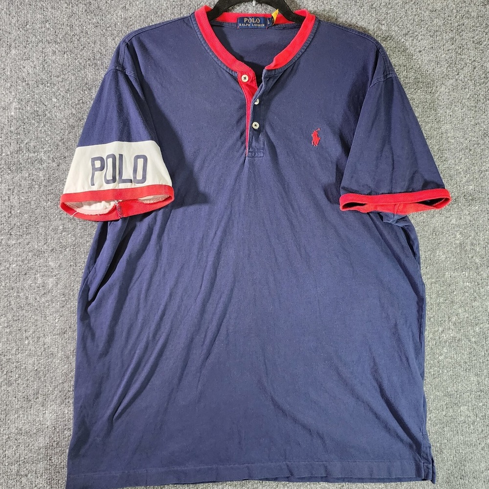 POLO Ralph Lauren Red Henley Shirt Mens Large‎ Short Sleeve Red Polo Pony